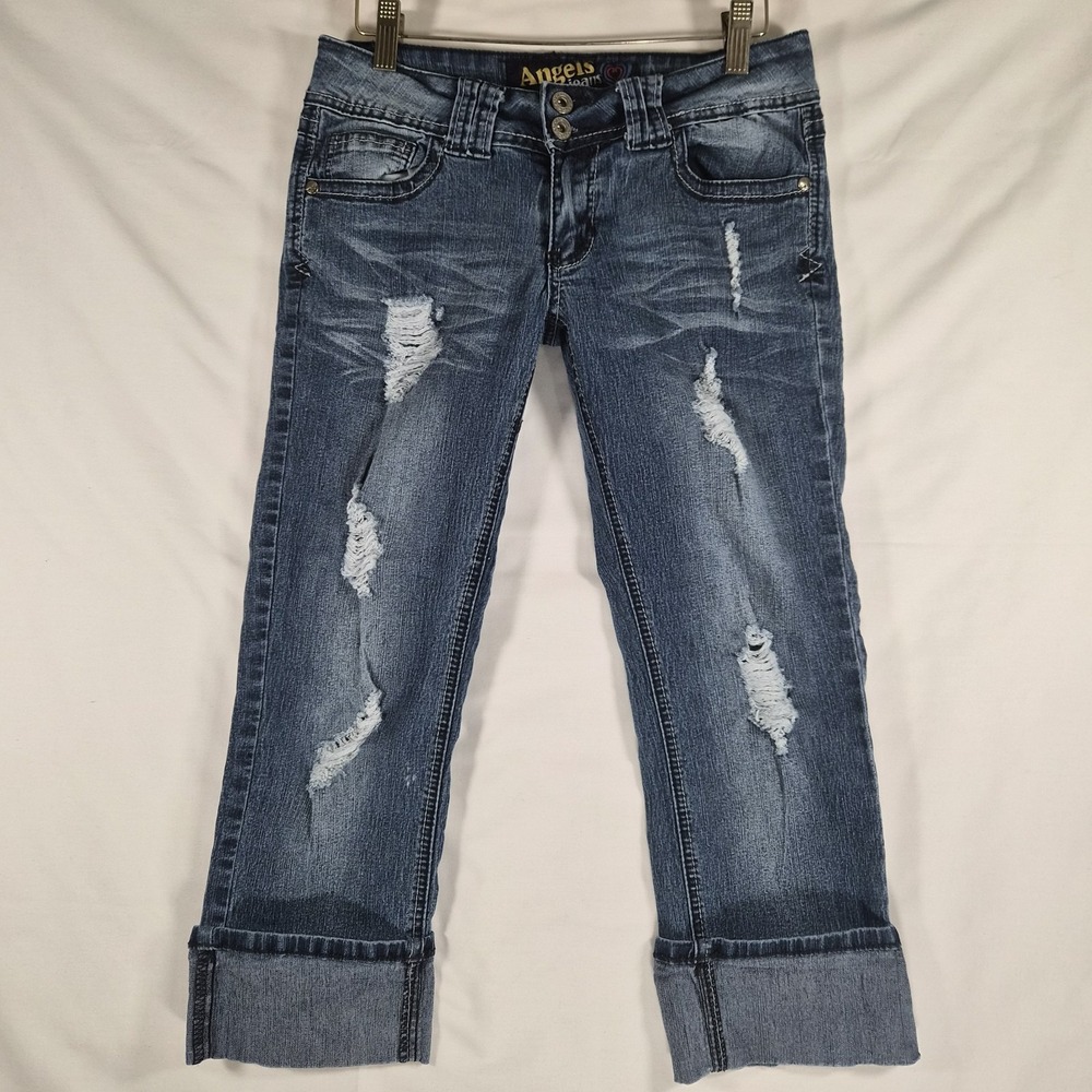 2000s Y2k Low Rise Angels Jeans Women's Size 9 Distressed Cuffed Capri Jeans...